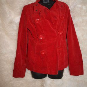 Red Velvet Button up Front Jacket Size L BY MOSSIMO SUPPLY CO GENTLY USED